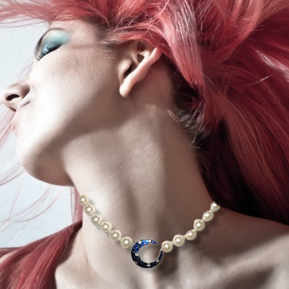 Eye Candy The Luxe Collection Blue and White CZ Moon Round Shell Pearls 18" - Picture 5 of 9